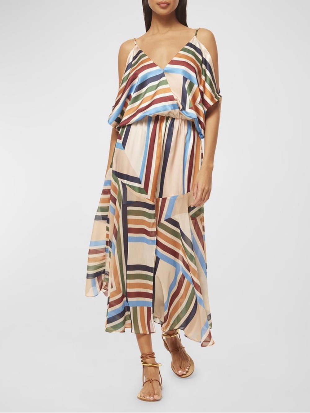 Misa Nanaz Slit-Sleeve Striped Midi Dress Size S Multi-Color High Low Hem